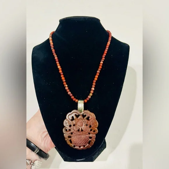 Carved Chinese Jade Pendant Necklace | Sterling Silver | Prosperity Symbol - Picture 13 of 14